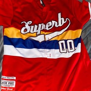 Red blue and yellow baseball jersey